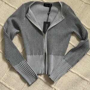White Fox Boutique Gray Ribbed Zip-Up Cardigan
